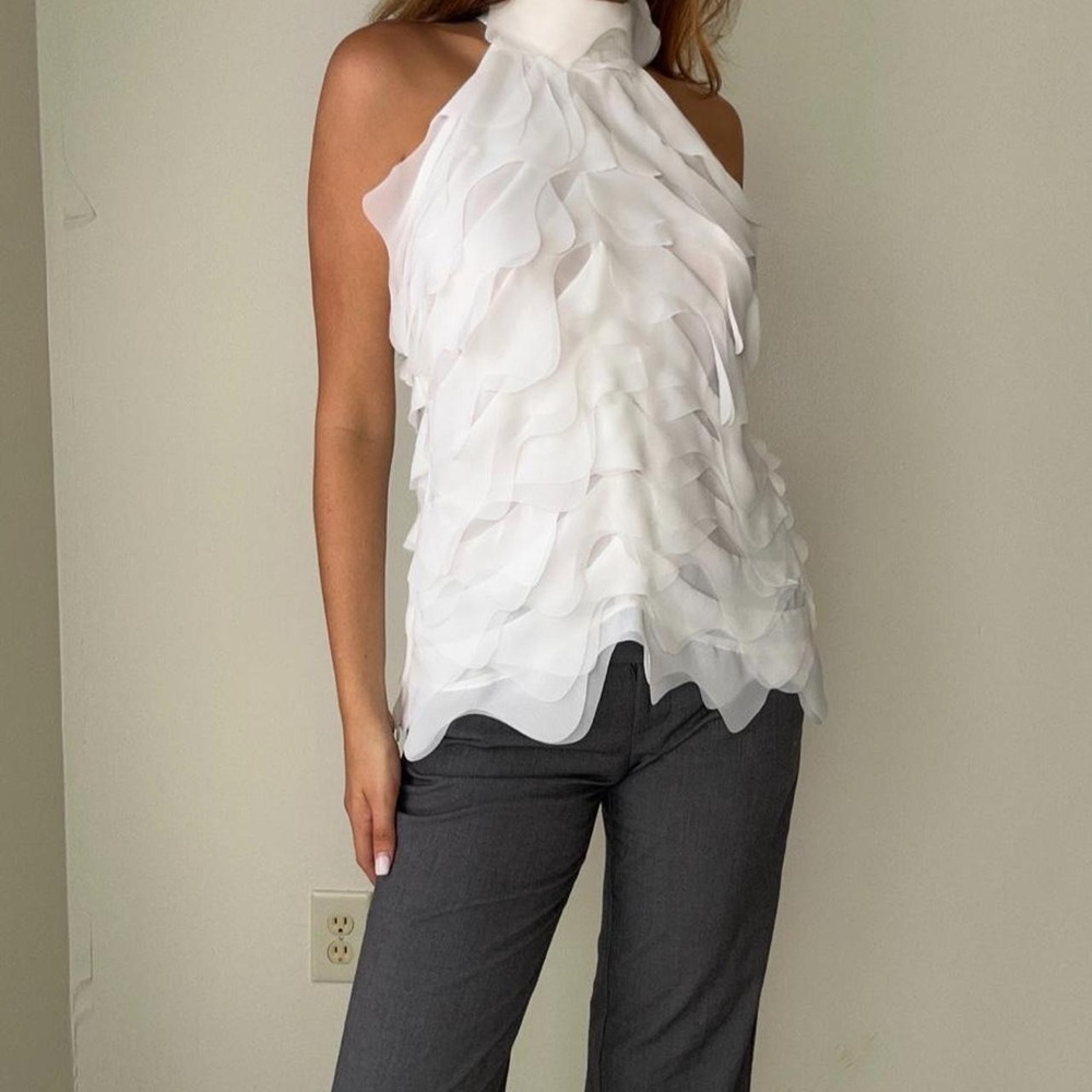 00s white ruffle halter top with layered ruffles